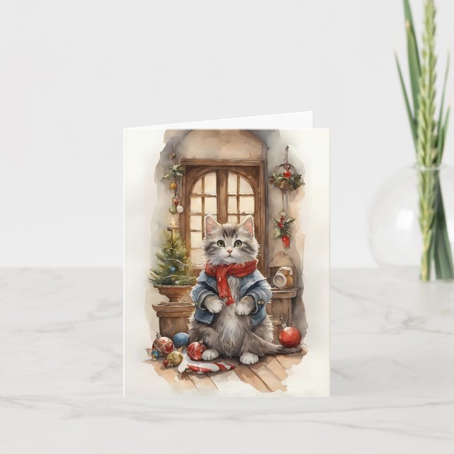 Cute Cat at Christmas Jacket Scarf Blank Christmas Card (Front)