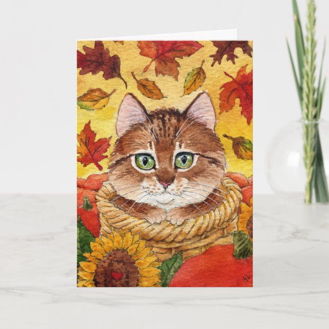 Cute cat autumn fall sunflower greeting card (Front)