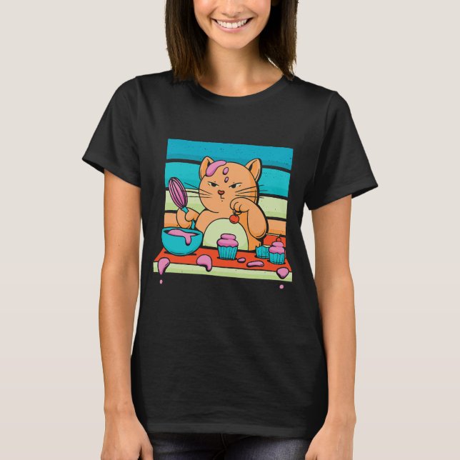 Cute Cat Baking Cupcakes Funny A Baker T-Shirt (Front)