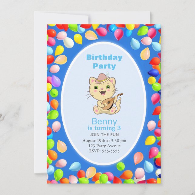 Cute Cat & Balloons Invitation de fête du 3e anniv (Devant)