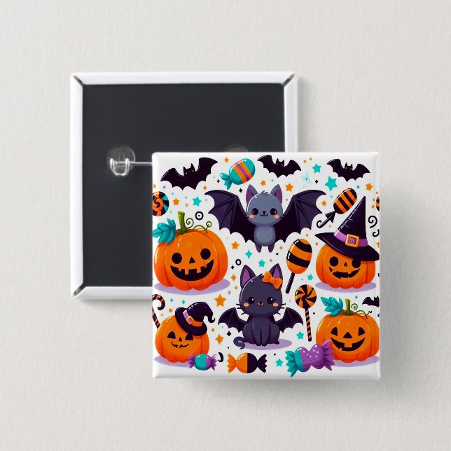 Cute cat bat halloween party 2 inch square button (Front & Back)