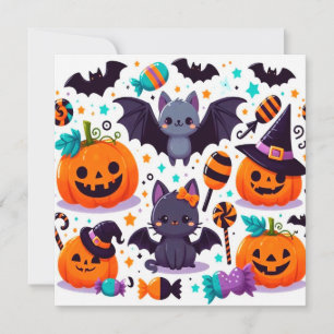 Cute cat bat halloween party card