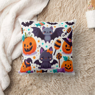 Cute cat bat halloween party throw pillow