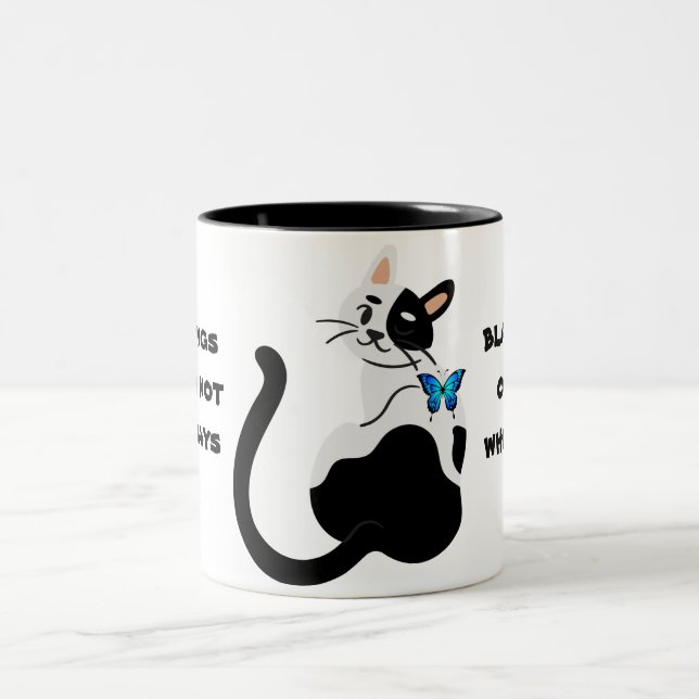 Cute cat beautiful butterfly black white blue Two-Tone coffee mug (Center)