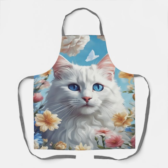 Cute Cat Beautiful White Floral Aprons, Women Chef Apron (Front)