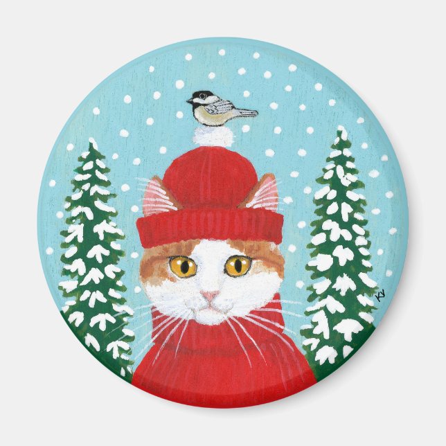 Cute cat, bird Christmas winter snow Magnet (Front)
