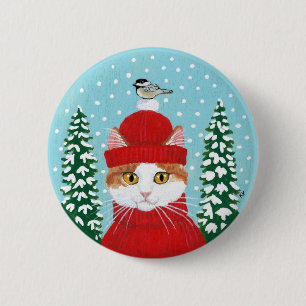 Cute cat, bird winter Christmas snow button