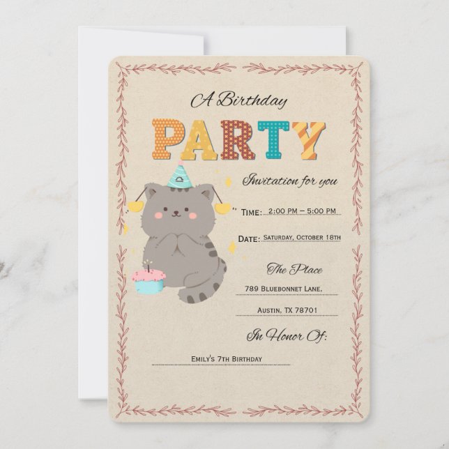 Cute Cat Birthday Party Invitation Template (Front)