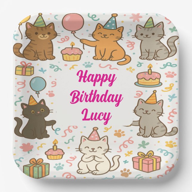 Cute Cat Birthday Party Plate with Custom Name  (Front)