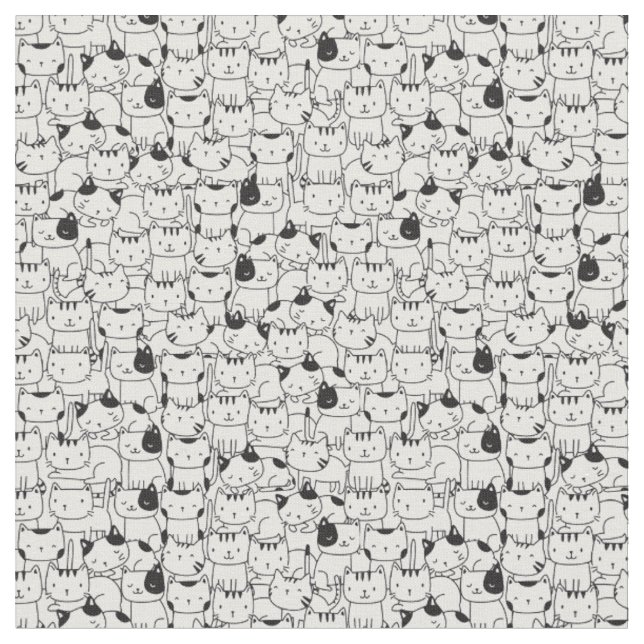 Cute Cat Black and White Pattern Fabric (Close Up)