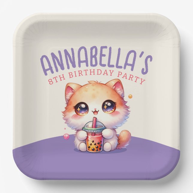 Cute Cat Boba Birthday Party Paper Plate (Front)