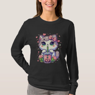 Cute Cat Boba Tea Anime Japanese Kids Teen Girl Wo T-Shirt