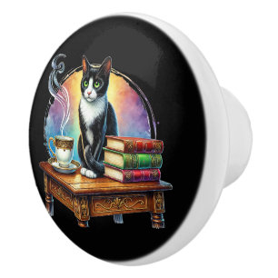 Cute cat book nook library reading lovers  ceramic knob