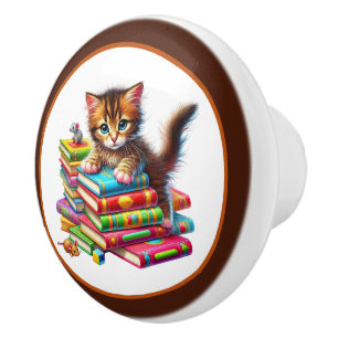 Cute cat book nook library reading lovers ceramic knob