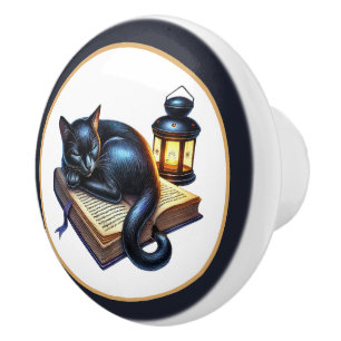 Cute cat book nook library reading lovers  ceramic knob