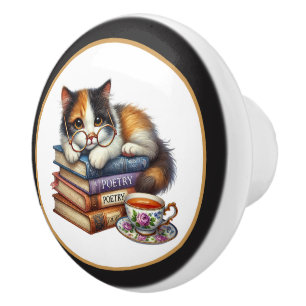 Cute cat book nook library reading lovers  ceramic knob