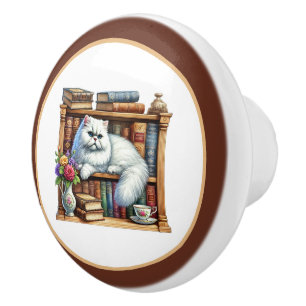Cute cat book nook library reading lovers  ceramic knob