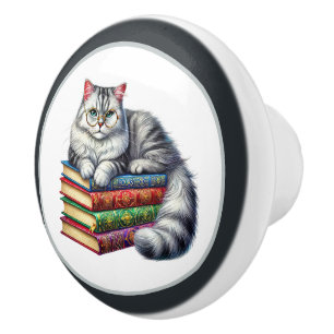 Cute cat book nook library reading lovers ceramic knob