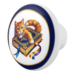 Cute cat book nook library reading lovers  ceramic knob