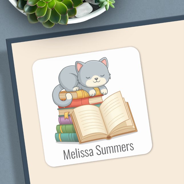 Cute Cat Book Stack Custom Name Bookplate Square Sticker (Creator Uploaded)