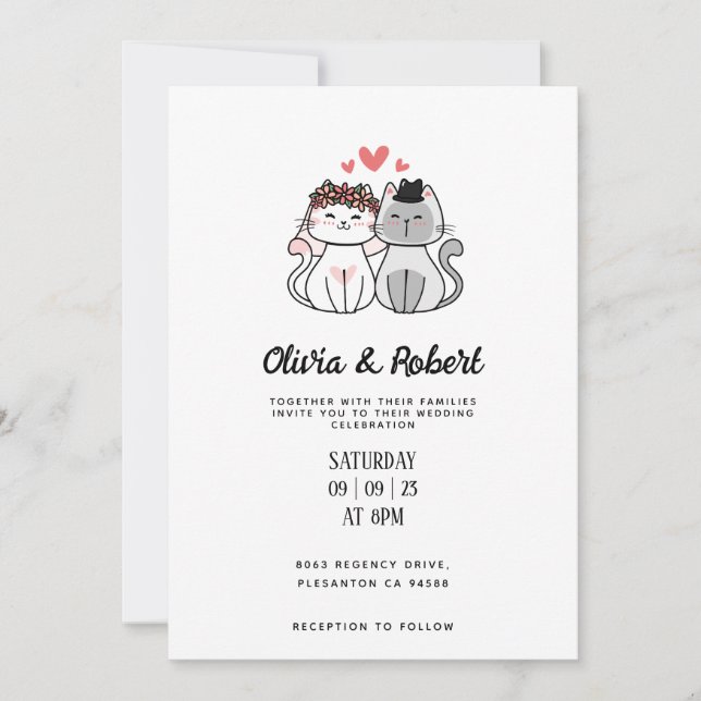 Cute Cat Bride And Groom Minimalist Wedding  Invitation (Front)