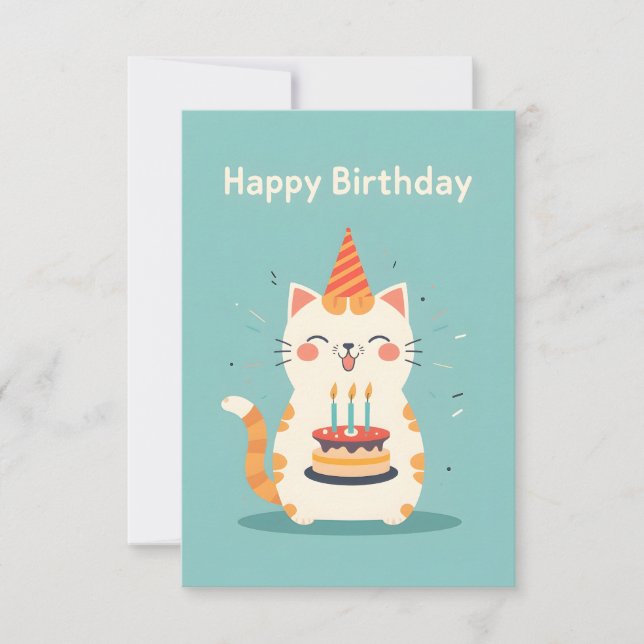 Cute cat carrying birthday cake card (Front)