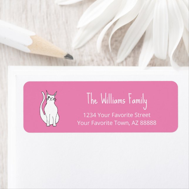 Cute Cat Cartoon Pink Return Address Label  (Insitu)