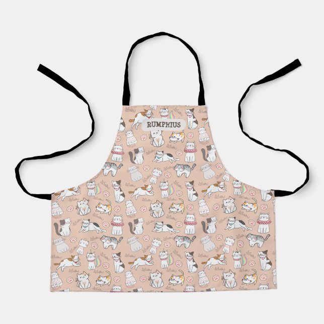 Cute Cat Cartoon Print with Custom Name Kids Apron (Front)