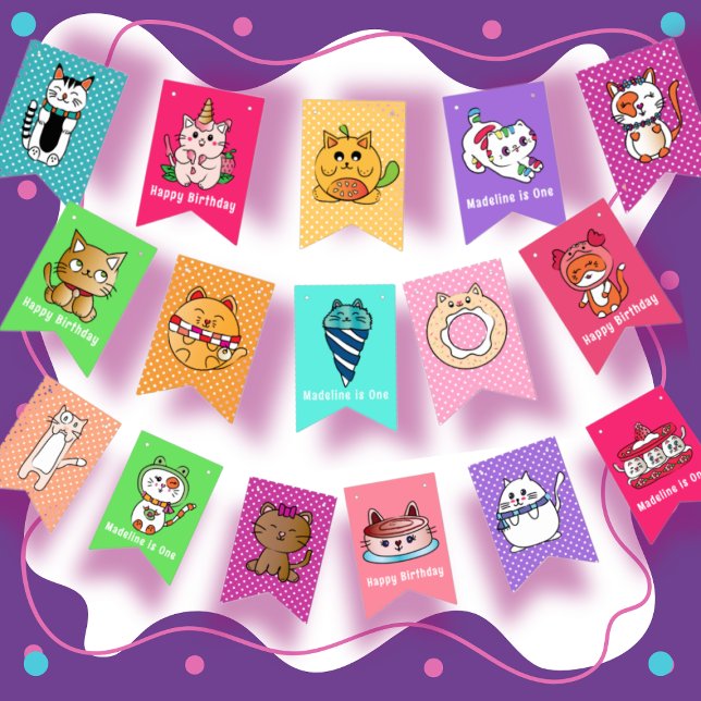 Cute Cat Cartoons Colourful For Kids Birthday Bunting Flags (Creator Uploaded)