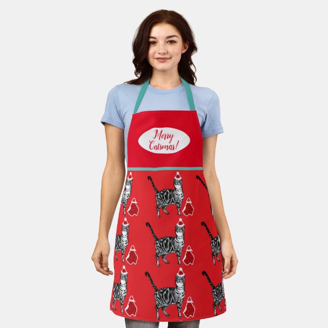 Cute Cat Cats Merry Christmas Red Blue Apron (Worn)