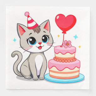 Cute Cat Celebrating a Birthday with a Cake Napkin