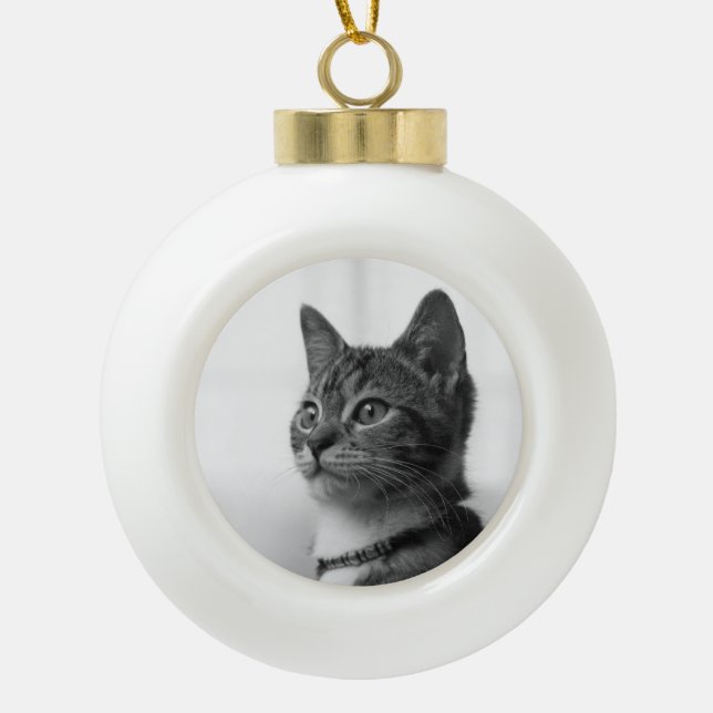 Cute Cat Ceramic Ball Christmas Ornament (Front)