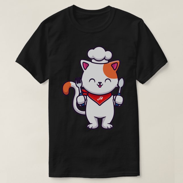 Cute Cat Chef Holding Fork And Spoon T-Shirt (Design Front)