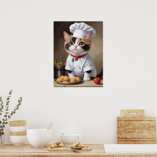 Cute Cat Chef with Pasta Funny Cooking Poster