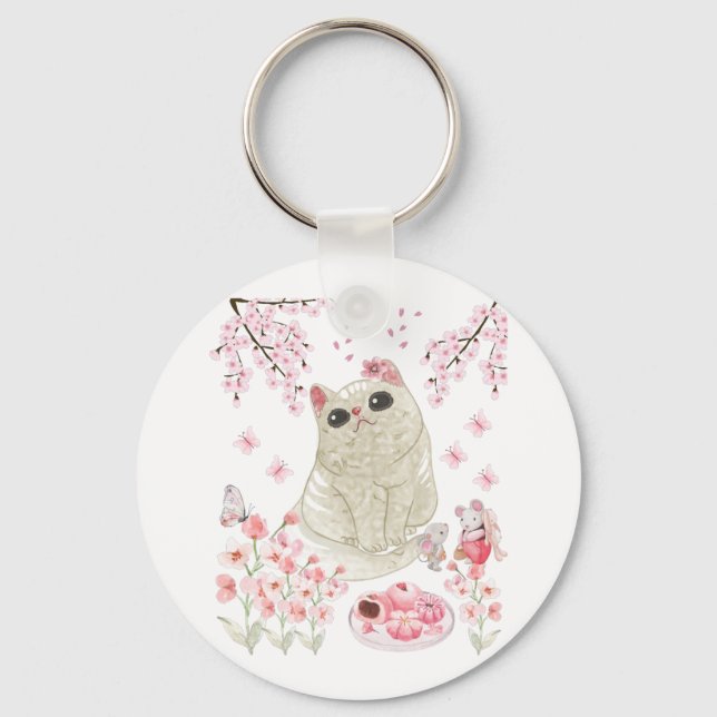 Cute Cat Cherry Blossom Keychain (Front)