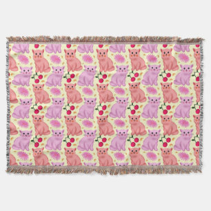 Cute Cat Cherry Floral Pattern   Kawaii Kitty  Throw Blanket