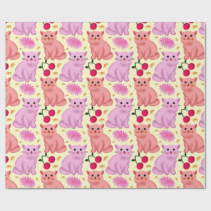Cute Cat Cherry Floral Pattern   Kawaii Kitty  Wrapping Paper