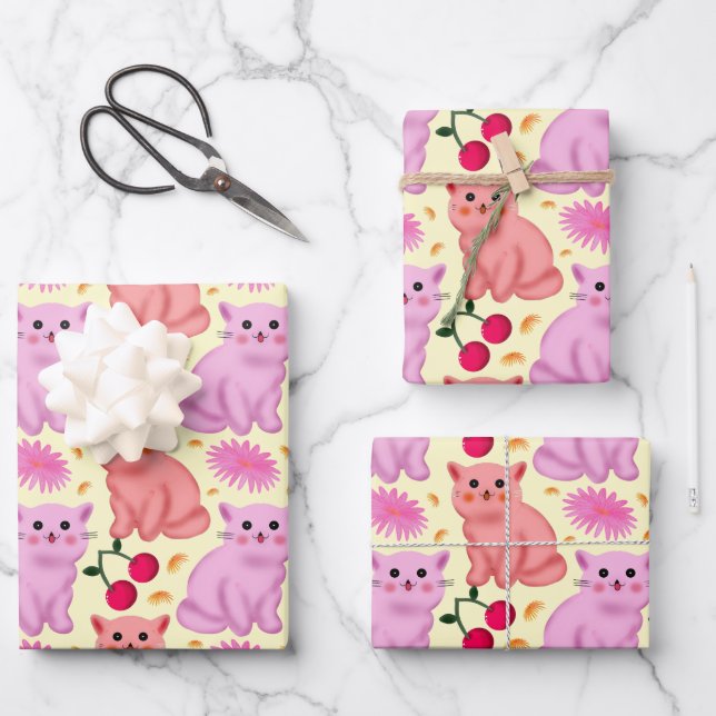 Cute Cat Cherry Floral Pattern | Kawaii Kitty  Wrapping Paper Sheet (Front)