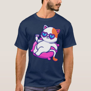 Cute Cat Chill On Pillow With Juice Cartoon T-Shirt