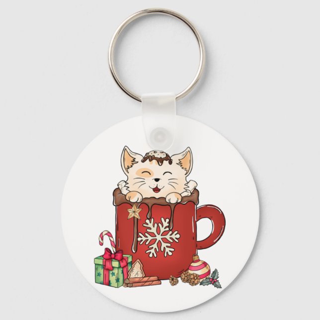 Cute Cat Christmas Chocolate Coffee   Keychain (Front)