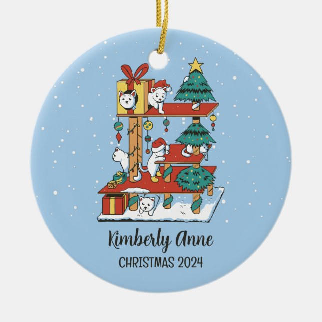 Cute Cat Christmas Kitten Snowy Winter Holiday Ceramic Ornament (Front)