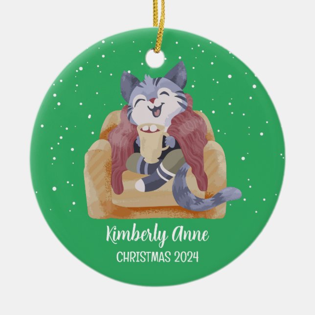 Cute Cat Christmas Kitty Snowy Winter Holiday Ceramic Ornament (Front)