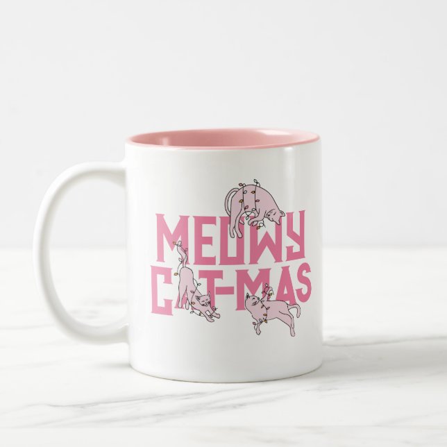Cute Cat Christmas Light Pink Holiday  Two-Tone Coffee Mug (Left)