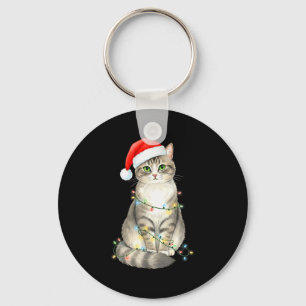 Cute Cat Christmas Lights Santa Hat Snow Holiday A Keychain