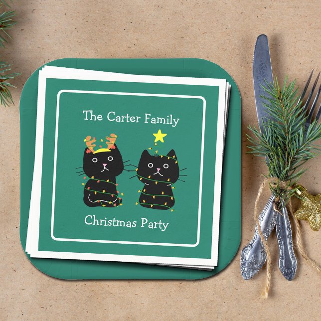 Cute Cat Christmas Personalized Green Party Napkin (Creator Uploaded)