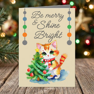 Cute cat & Christmas tree be merry cream grey Holiday Card