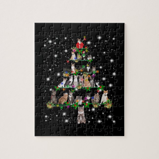 Cute Cat Christmas Tree Covered By Flashlight Jigsaw Puzzle (Vertical)
