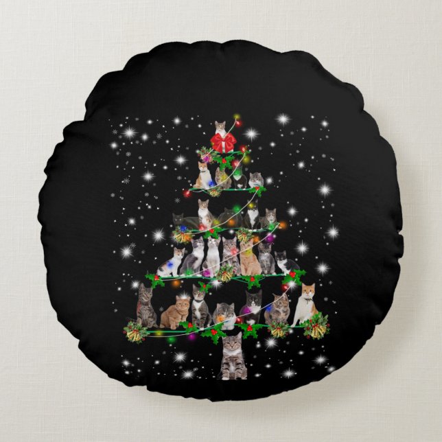 Cute Cat Christmas Tree Covered By Flashlight Round Pillow (Front)