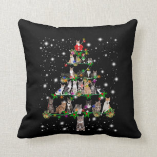 Cute Cat Christmas Tree Covered By Flashlight Throw Pillow