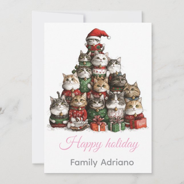 :  🎄 Cute Cat Christmas Tree Family Holiday Card (Front)